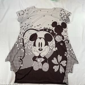 Disney Mickey Mouse Sharkbite T-Shirt Dress Houndstooth Black White Women's XL